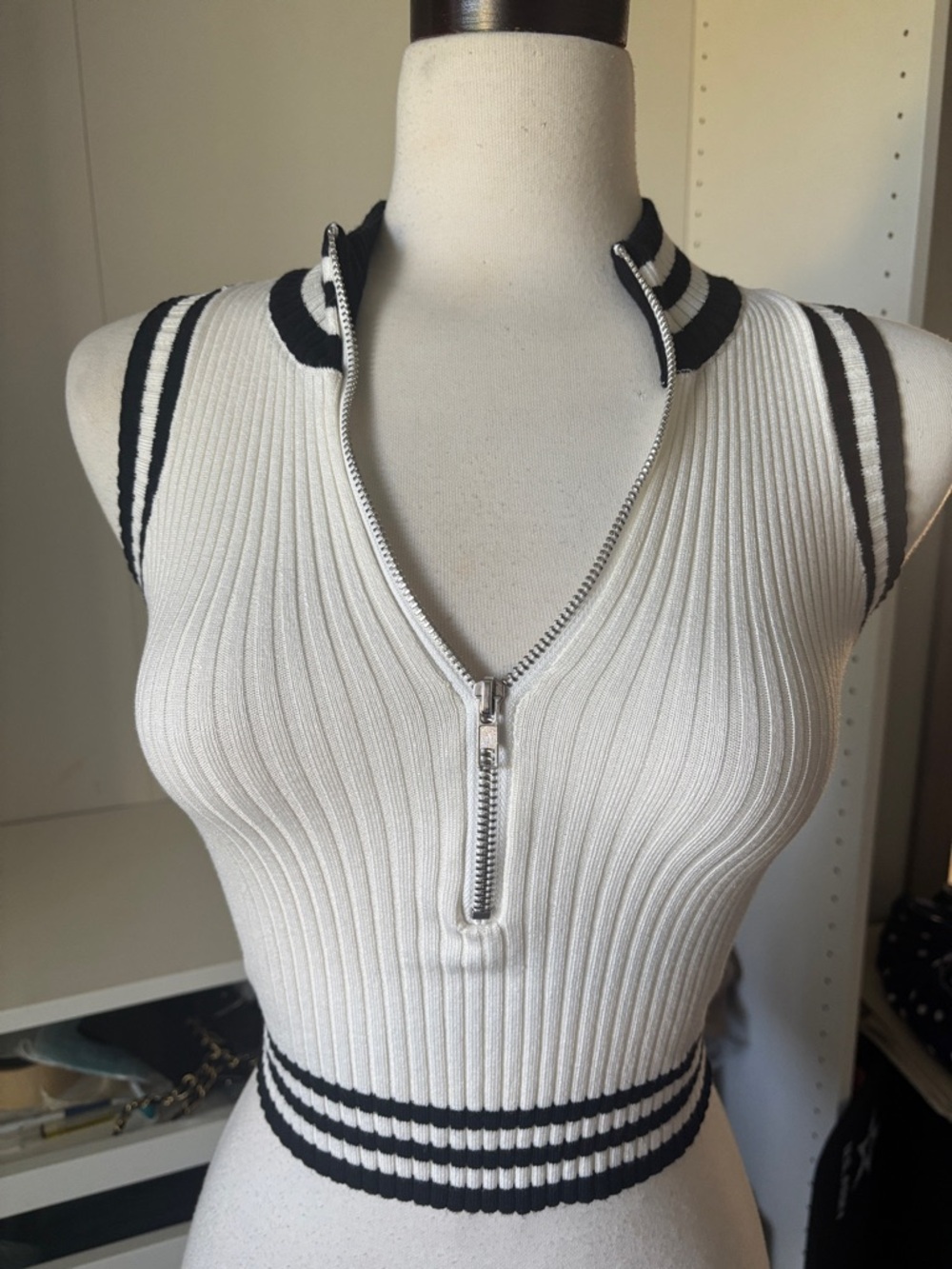 superdown White Ribbed Zip-Front Tank with Black Trim